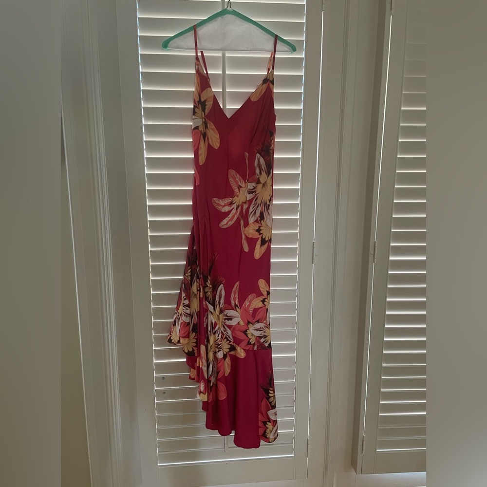 PatBO Carmen Floral Asymmetrical Slip Dress Pink Bias Cut Ruffle Hem Size 4 - Picture 5 of 11